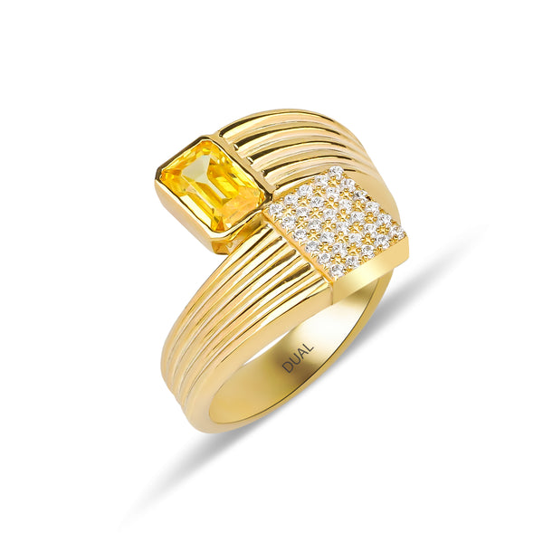 Dual - 14K Gold Yellow Topaz Diamond Ring