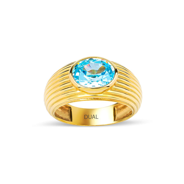 Mio - 14K Gold Extra Chubby Textured Oval Blue Topaz Stone Ring