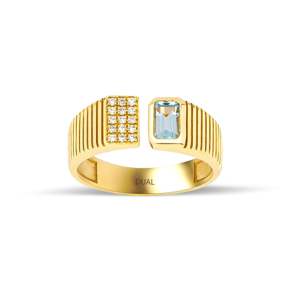 Dual - 14K Gold Double Headed Aquamarine Diamond Ring
