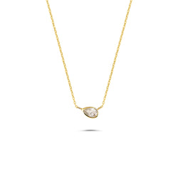 Momento - 14K Gold Horizontal Pear Shape Solitaire Diamond Necklace