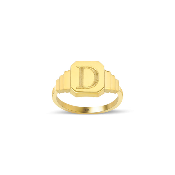Meus - 14K Gold Engraved Initial Letter Signet Ring
